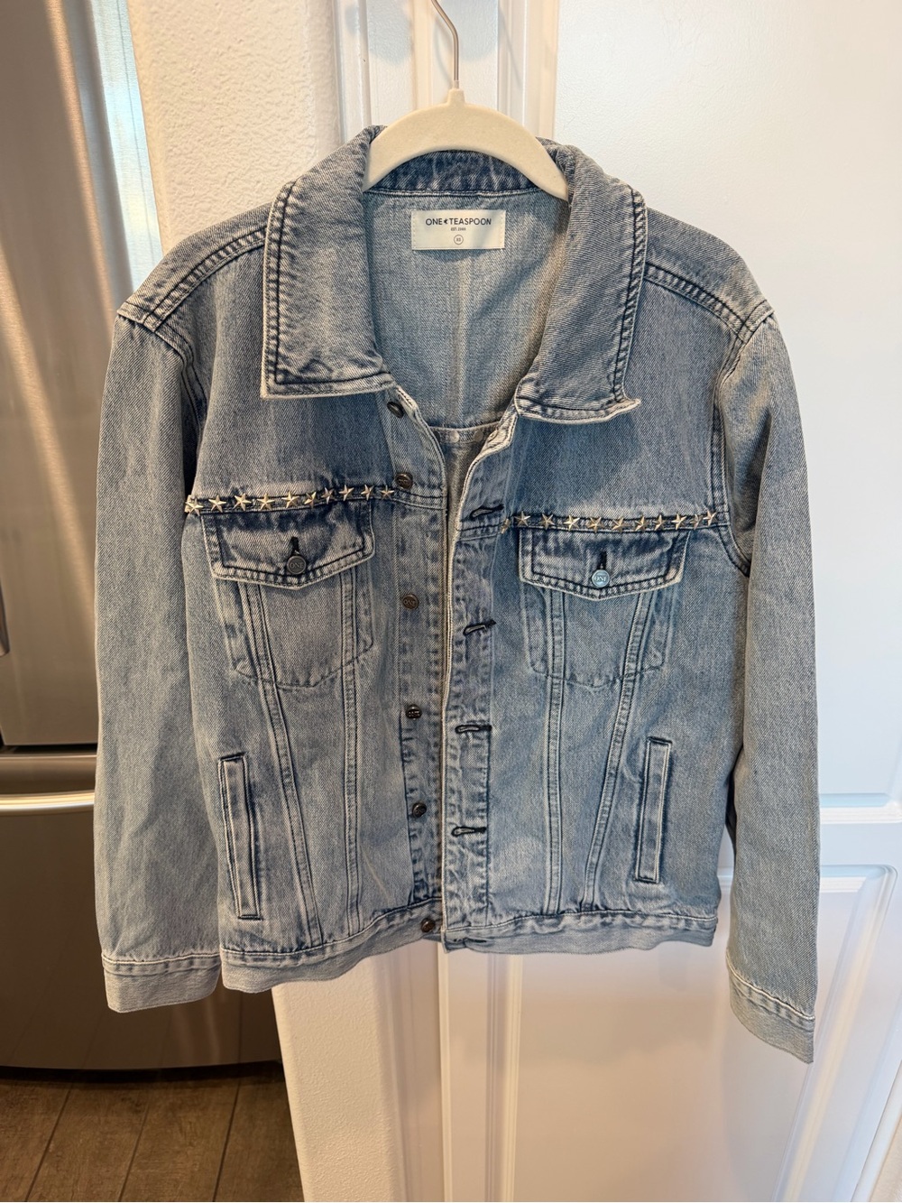 One Teaspoon Washed Light Blue Denim Jacket with Star Stud Trim